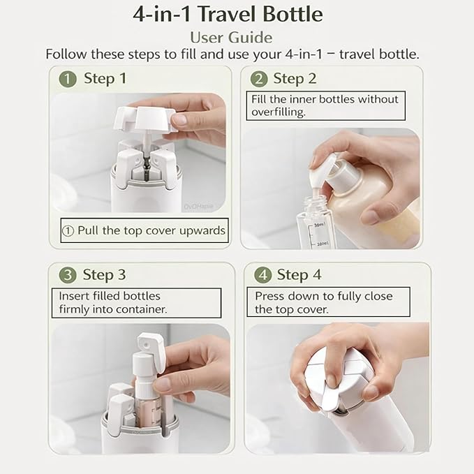 4-in-1 Travel Bottles for Toiletries, Travel Pump Bottle，Leak-Proof Shampoo Conditioner Lotion Dispenser with Pump, Compact No-Spill Toiletry Containers for Travel & Business Trips (White)