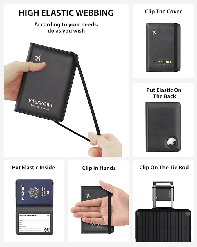 Stouchi AirTag Passport Holder, Slim Passport Holder Family with Airtag Slot, RFID Passport Wallet Cover for Men, PU Leather Passport Case, Anti-Lost Travel Accessories, Black