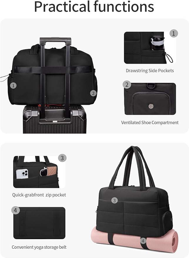 Gitus Carry On Duffle Gym Bag for Women Puffer Weekender Overnight Duffel Bag for Travel with Clear Toiletry Pouch Sport Yoga Fitness Essentials Gifts (Black)
