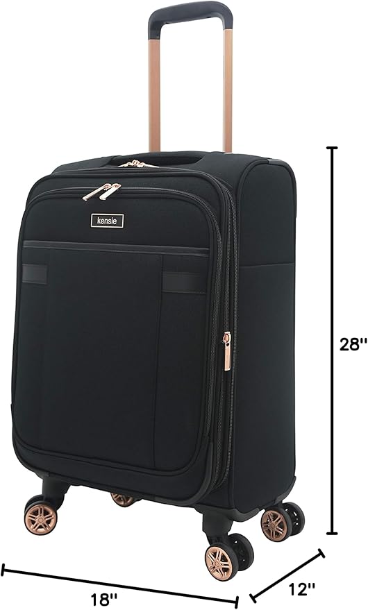 kensie Hudson Softside 3-Piece Spinner Luggage Set, Black with Rose Gold