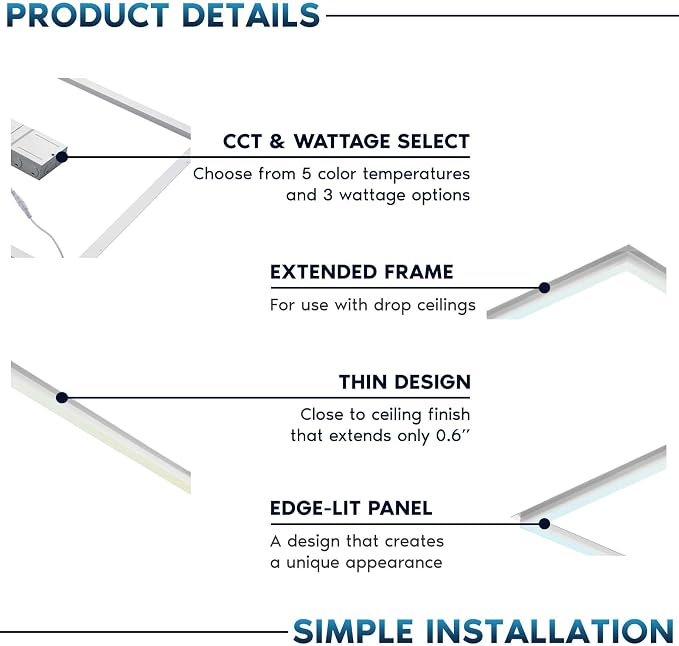 LUXRITE 2x2 FT Edge-Lit Frame LED Panel Lights, 5CCT Selectable 3000K-6500K, 2600/3900/5200LM, 20W/30W/40W Switch, Grid Drop Ceiling Lights, 0-10V Dimmable, Damp Rated, 100-277V, ETL Listed