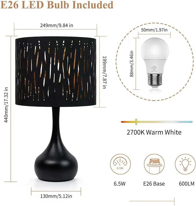 ONEWISH Touch Bedside Lamp for Bedroom, 3-Way Dimmable Table Lamps for Nightstand, Black Cutout Shade with Gold Lining Desk Lamp for Living Room, End Tables, LED Bulb Included