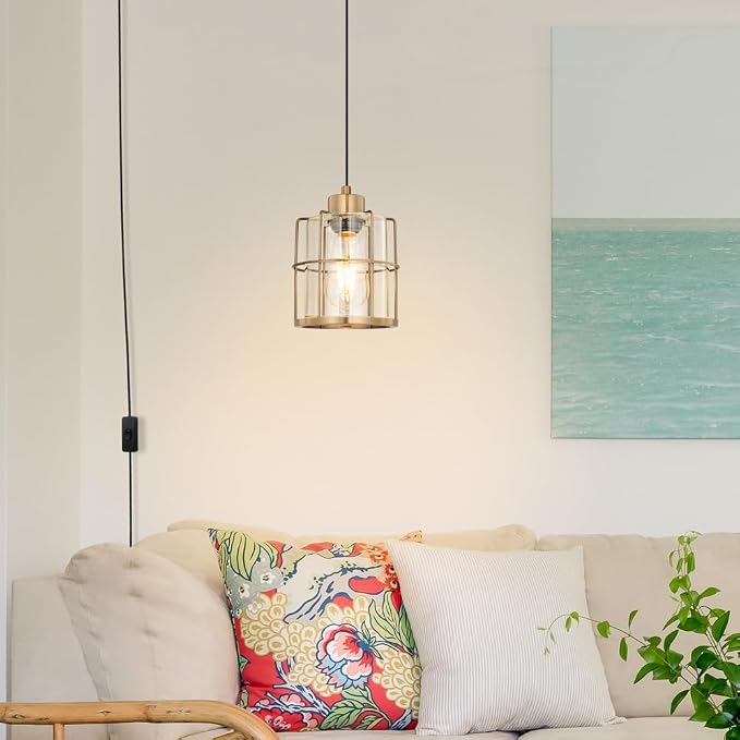Modern Industrial Plug-in Hanging Pendant Light, Clear Glass Shade Hanging Lamp with Plug in Cord, Gold Cage Plug in Hanging Lights Fixtures for Kitchen Island, Living Dining Room, Bar, Hallway