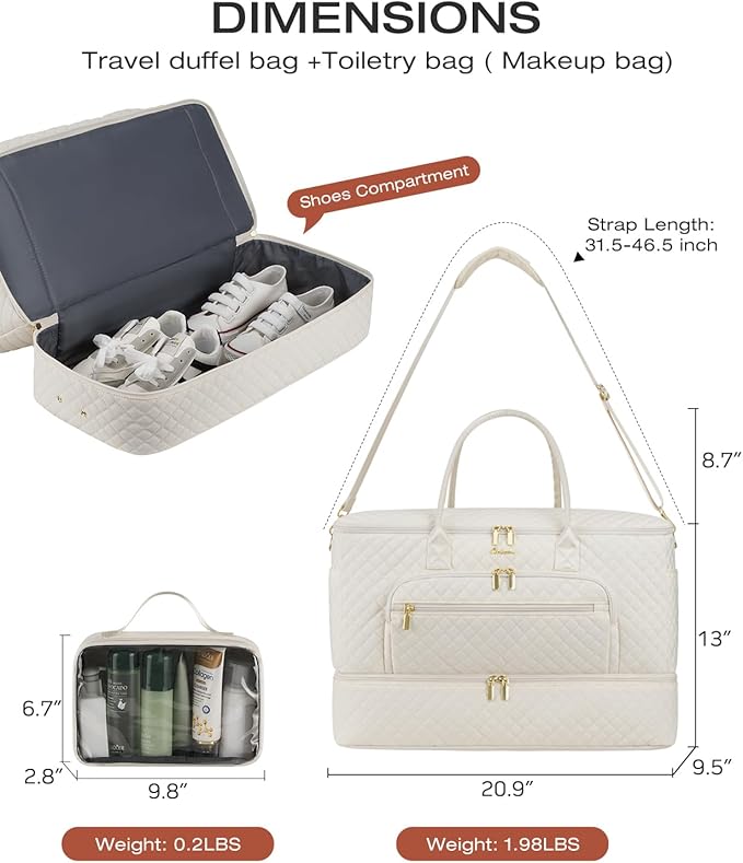 Travel Duffle Bag, Wide Open Large Weekender Bag for Women with Shoe Compartment, Carry on Overnight Bags with Toiletry Bag, Hospital Bag for Women Labor Delivery with Wet Pocket (Beige)