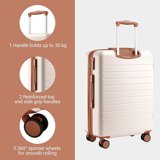 Kono 24 Inch Check In Suitcase Expandable Luggage, Business Travel Suitcase for 5-7 Days, Durable ABS+PC Hardshell with Side Handles & Kick Plates, Double Spinner Silent Wheels, Cream/Brown