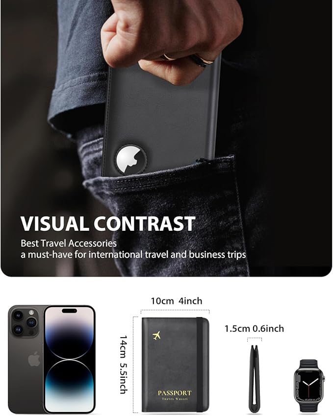 Stouchi AirTag Passport Holder, Slim Passport Holder Family with Airtag Slot, RFID Passport Wallet Cover for Men, PU Leather Passport Case, Anti-Lost Travel Accessories, Black