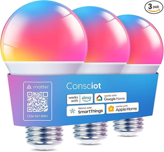 Consciot Smart Light Bulbs, WiFi Bluetooth Color Changing LED Light Bulb, Music Sync, 60W Equivalent Smart Bulb, A19 E26 RGBTW Light Bulbs That Works with Alexa/Google Home/Apple Home/Siri, 3 Pack