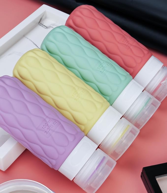 100 ml Silicone Travel Bottles for Toiletries with Labels/Clear Bag, Holiday Travel Essentials Leakproof Refillable Squeeze Travel Size Containers Set for Shampoo and Conditioner