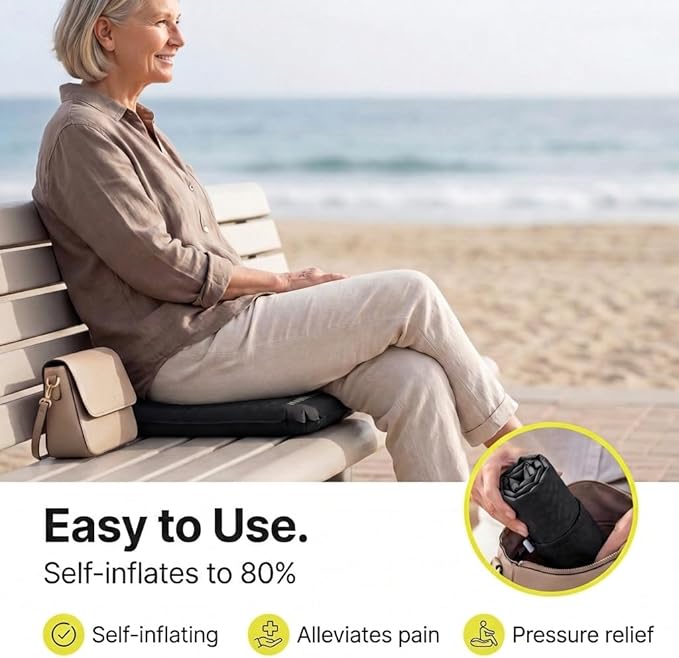 Whispering Winds Inflatable Seat Cushion - Comfortable Blow-up Foam Pad for Airplane, Travel, Stadium, Outdoors, Camping, Car & More