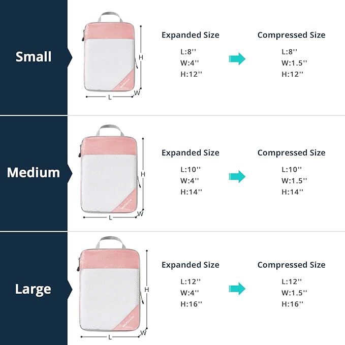 Compression Packing Cubes 6 Set, Compressible Space-Saving Packing Cubes for Travel - Compression Bags, Luggage Organizer, Travel Essentials for Women, Pink