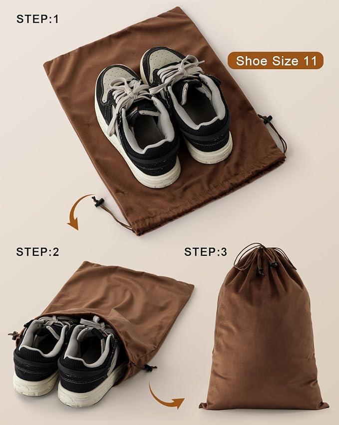 FantasyLife Shoe Bags for Travel, 17.3"x12.6" Washable Dust Bags for Storage & Packing, Flannel Shoe Pouch with Drawstring Closure for Purses, Handbags, Shoes & Toys (2, Mocha Mousse)