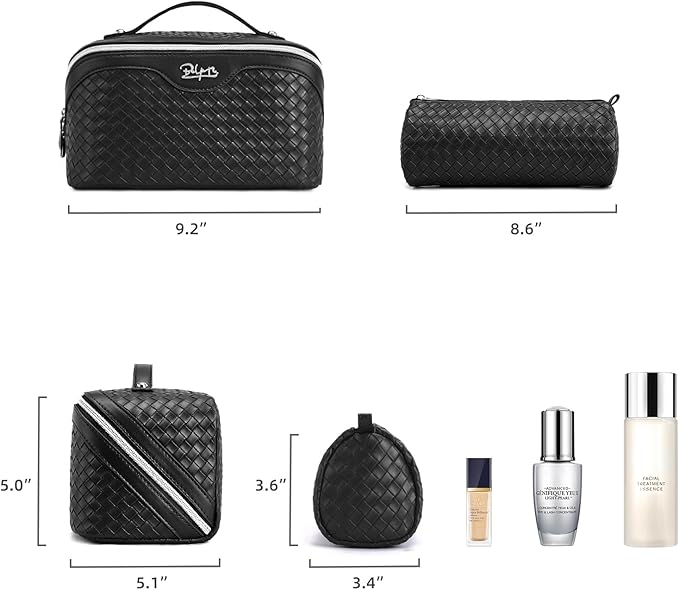 BOYATU Travel Makeup Bags for Women: 3 Pcs Large Make up Bags Set - Vegan Leather Cosmetic Bag for Traveling - Waterproof Toiletry Organizer (L05 Black)