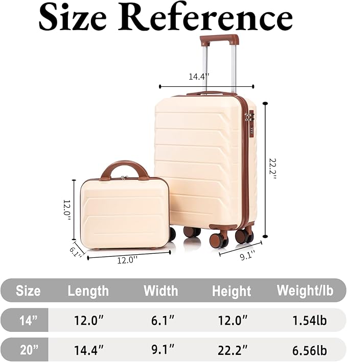 2-Piece ABS Hard Shell Lightweight Carry-On Luggage Set (14" & 20"), 360-Degree Spinner Wheels, Adjustable Telescopic Handle and Combination Lock for Travel, Beige