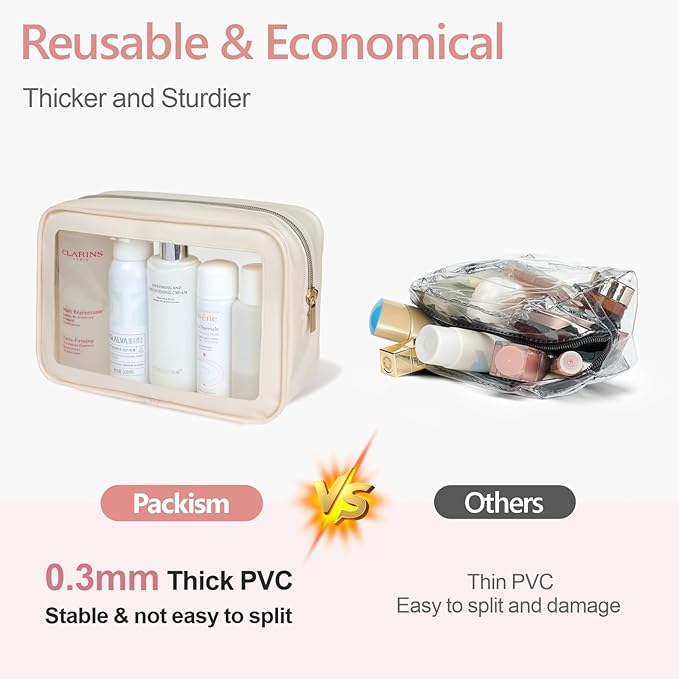 F-color TSA Approved Toiletry Bag 3 Pack Medium - Clear Makeup Bag Travel Quart Size for Women Men, Clear Cosmetic Bag Airport Airline Compliant Carry on Bag, Beige