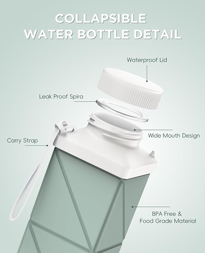 Collapsible Water Bottles 17.4oz (516ML), Leakproof BPA-Free Reusable Travel Water Bottle, Lightweight for Cycling Camping Sports (Dark Blue + Green)