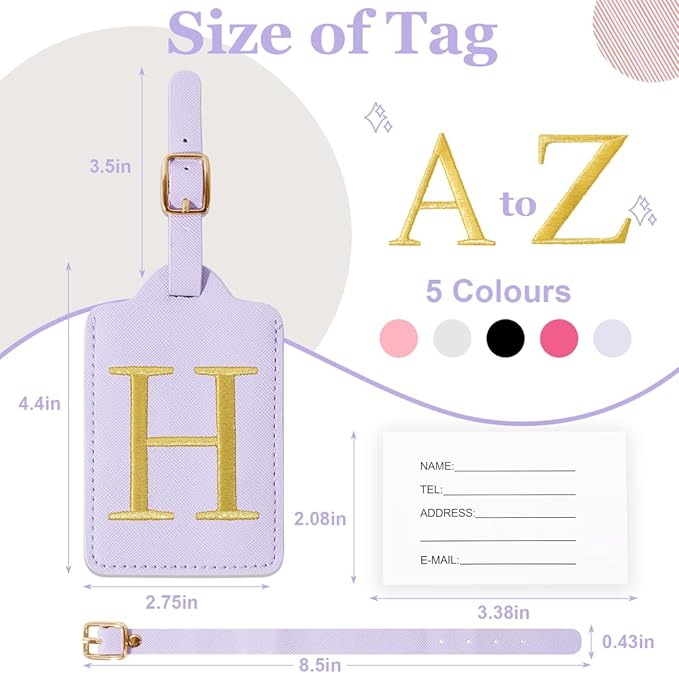 Personalized Initial Luggage Tags for Suitcases,Leather Letter Cute Luggage Tags with Privacy Name Card,Embroidered Monogrammed Travel Bag Backpack Tag Gifts for Women Kids Girls Teens(Purple-H)