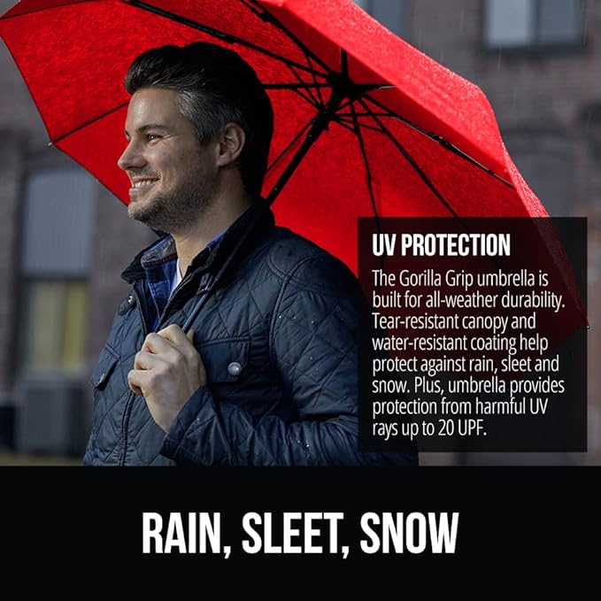 GORILLA GRIP Strong Windproof Stick Compact Umbrella for Rain, One-Click Automatic Open and Close, Durable Quick Dry Waterproof Material, Lightweight and Portable, Travel Size Fits Backpack, Red