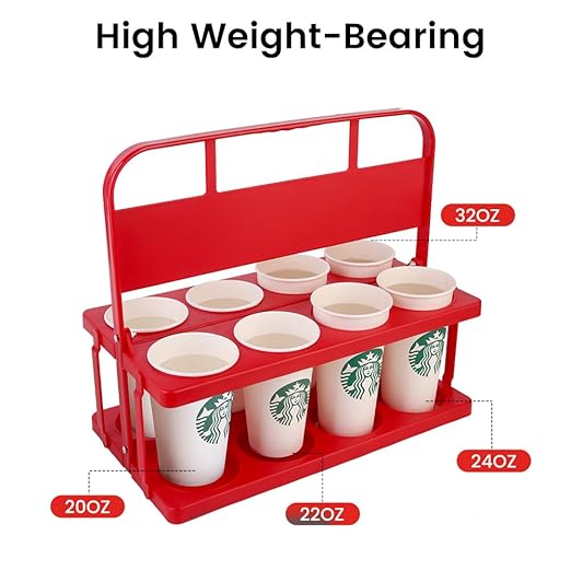 Bodaon 8 Cup Drink Carrier with Handle, Plastic Cup Carriers for Drinks, Drink Holder for Car, Take Out Delivery Drivers Accessories, Portable Foldable Reusable Mobile, Use for Food Delivery Bag, Red