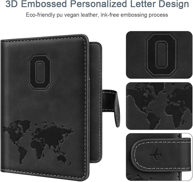 Passport Holder Wallet Cover Personalized Letter A-Z Travel Wallet RFID Blocking Passport Cover Wallet Case for Travel Passport Book Holders for Women and Men, Black-O