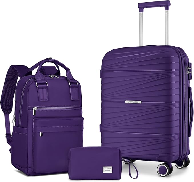 LARVENDER Luggage Sets 3 Piece, Expandable Carry On Luggage 22x14x9 Airline Approved, 20 Inch Hardshell & Lightweight PP Carry On Suitcase for Women with Spinner Wheels TSA Lock, Grape Purple