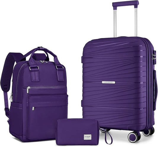 LARVENDER Luggage Sets 3 Piece, Expandable Carry On Luggage 22x14x9 Airline Approved, 20 Inch Hardshell & Lightweight PP Carry On Suitcase for Women with Spinner Wheels TSA Lock, Grape Purple