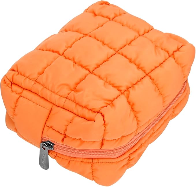E-Tree Cute Makeup Bag,Quilted Cosmetic Bag,Make up Pouch for Purse,Toiletry Zipper Pouch,Checkered Bag,Travel Case,Storage Pouches for Organization Orange