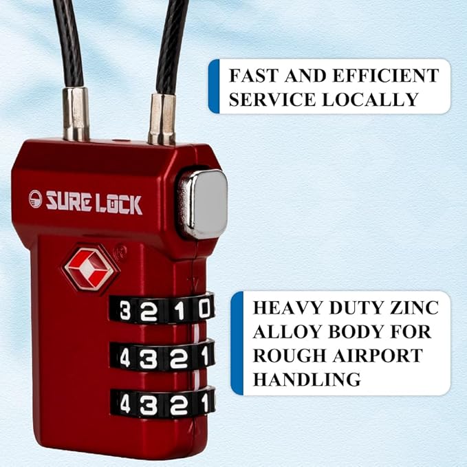 SURE LOCK TSA Approved Luggage Locks – 3-Digit Combination Cable Lock with Red Indicator, Large Dial & Easy-Press Button for Suitcases and Backpacks – Multi-Pack & Color Options