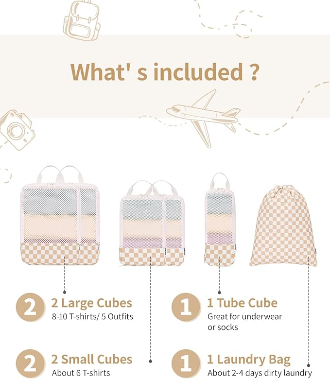 Narwey 6 Set/5 Set Compression Packing Cubes for Travel Kids Women Carry on, Packing Organizers Bag for Backpack Luggage Suitcase Duffle Bags