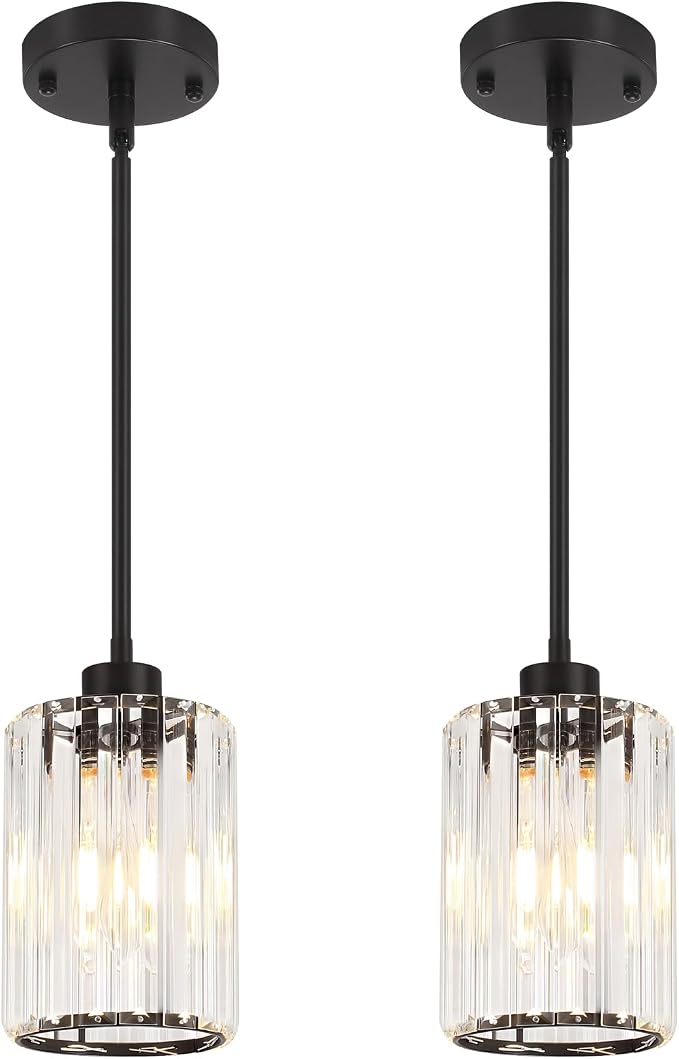 2 Pack Black Pendant Lights Kitchen Island Crystal Hanging Lighting Fixture | Adjustable Height Modern Pendant Light for Bathroom Dining Room Over Island Sink Entryway Hallway Ceiling Light