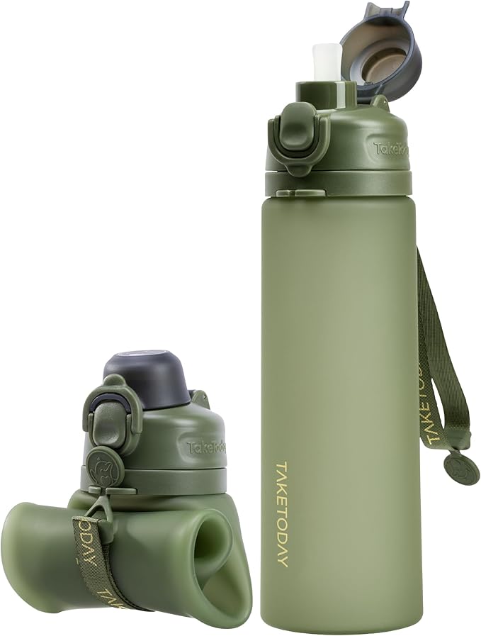 TakeToday Collapsible Water Bottles 21oz (600mL), Foldable Platinum Silicone Travel Water Bottle with Straw & Carry Strap, Leak-Resistant Screw Lid, Wide Mouth, BPA-Free for Hiking, Camping, Travel