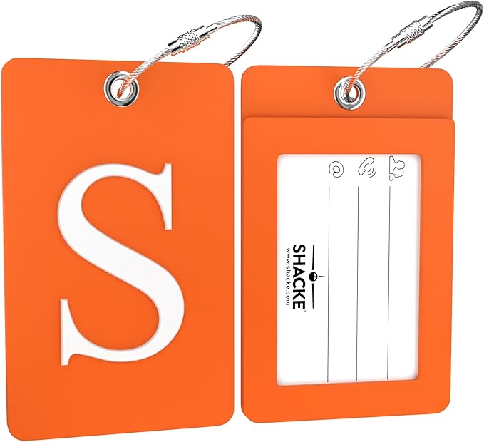 Shacke Luggage Tag Initial – Fully Bendable Tag w/Stainless Steel Loop - Orange (Letter S)