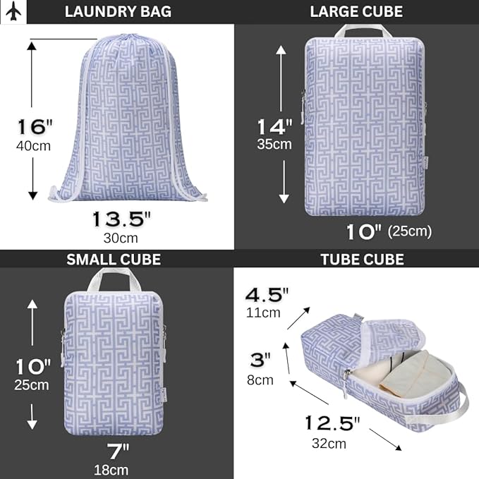 Compression Packing Cubes for Travel 6pc Set with Laundry Bag/Backpack-Luggage Organizers for Suitcase-Lightweight Compressible - Light Blue Boho