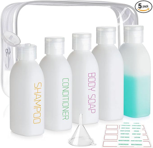 Cosywell 5 Pack 3.4oz Travel Bottles for Toiletries Pre-Printed Shampoo Conditioner & Body Soap Soft Touch HDPE Travel Size Containers TSA Approved Leak Proof Squeezable Toiletry Bottle(White)