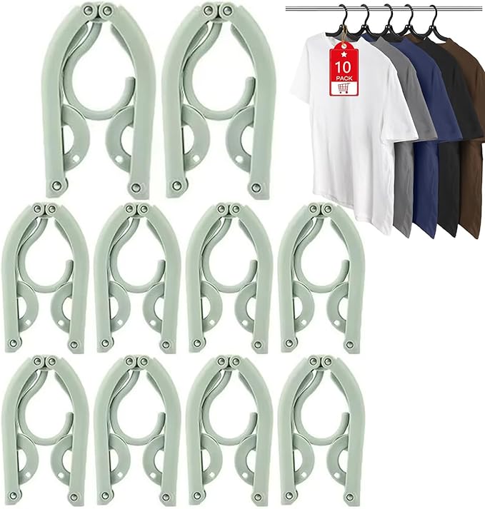 Foldable Travel Hangers 10 Pack w/10 Clips, Cruise Essentials 2025, Portable Hangers Collapsible Hanger Plastic, Travel Must Haves for Suitcase, Hotel, RV, Road Trip, Flying, Camping (Green)