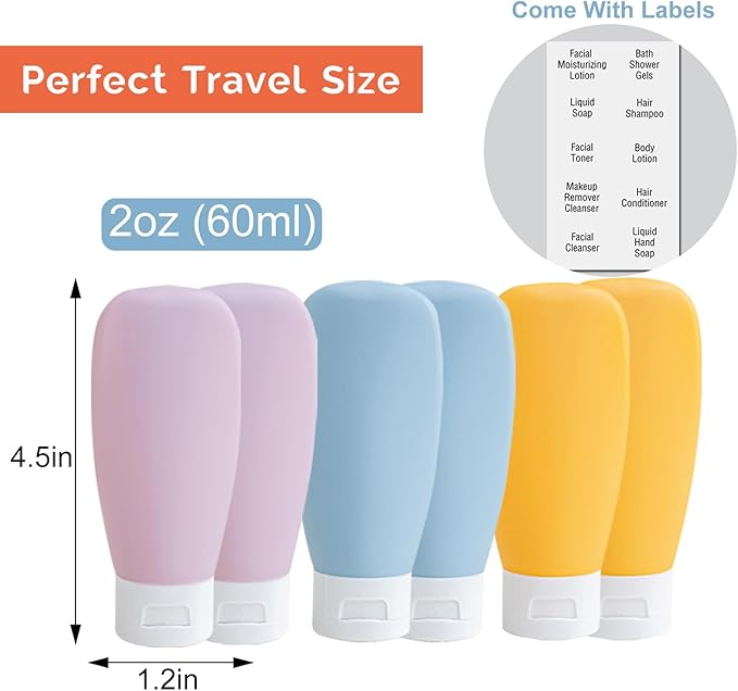 Travel Bottles for Toiletries 6 Pack, Leakproof 2 oz Tsa Approved Travel Size Containers, BPA Free Plastic Shampoo and Conditioner Bottles, Camping Travel Essentials (Multicolor - C)