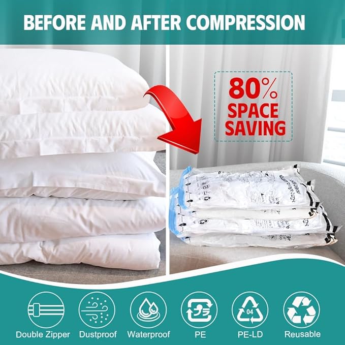 12 Pack Vacuum Storage Bags, Space Saver Compression Bags for Clothing, Comforters, Blankets, Vacuum Seal Bags with Hand Pump. (3×Jumbo, 3×Large, 3×Medium, 3×Small)