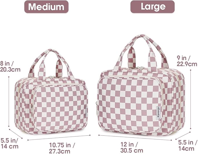 Narwey Travel Toiletry Bag for Women Large Hanging Makeup Bag Organizer Toiletries Bag for Full Size Essentials Accessories Cosmetics (Dusty Pink Checkerboard (Large))