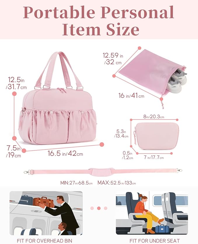 Carry On Duffle Bag with 15.6 Inch Laptop Compartment, Gym Bag for Women with Wet Pocket, Shoe Bag and Toiletry Pouch, Personal Item Travel Duffel Weekender Overnight Bags, Pink