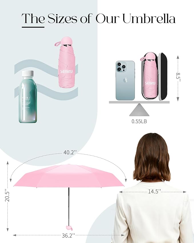 Seniny Mini Portable Travel Umbrella with Case - Compact Umbrellas for Rain & Sun UV Protection for Backpack Pocket, Lightweight Folding Small Umbrella, Tiny Purse Size UV Blocker for Kids Women Girls