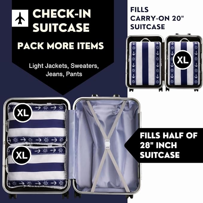 Extra Large Compression Packing Cubes for Checked Luggage, Lightweight Suitcase Organizers & Space Saver Bags - Travel Cubes for Packing - Travel Essentials - 2 Piece Set, X-Large - Cabana Stripe Navy