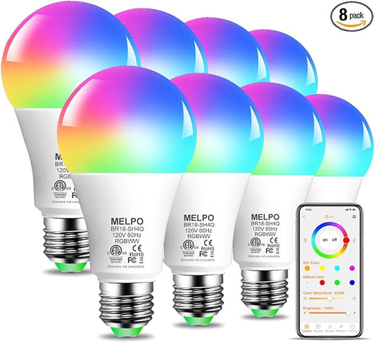 Smart RGB Light Bulbs Compatible with Alexa, 12W(130W Equivalent), 2700K-6000K | A19 E26, 16 Million Colors-DIY Flash/Fade - Timing-DIY Scenes- Music Sync Bluetooth Color Changing Light Bulb (8 Pack)