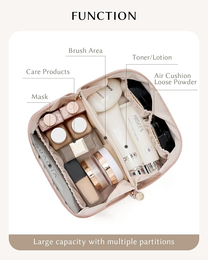 Makeup Bag, Cosmetic Bags toiletry bag for Women, Waterproof PU Leather Make Up Pouch Organizer Travel Essentials Organizer with Divider For (Pink)