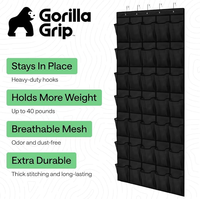 GORILLA GRIP Over the Door Shoe Organizer, 35 Large Breathable Mesh Pockets, Space Saving Hanging Storage Holder, 5 Hook Closet Rack Hanger, Hangs on Closets for Shoes, Accessories 68.5H x 24.5W Black