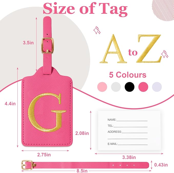 Personalized Initial Luggage Tags for Suitcases,Leather Letter Cute Luggage Tags with Privacy Name Card,Embroidered Monogrammed Travel Bag Backpack Tag Gifts for Women Kids Girls Teens(Rosered-G)