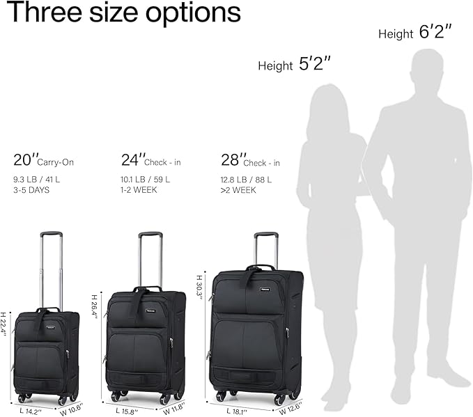 Hanke Luggage Sets 2 Piece Softside Expandable Luggage With Spinner Wheels TSA Lock,Travel Luggage Rolling Suitcase Checked Luggage Black(20/28)