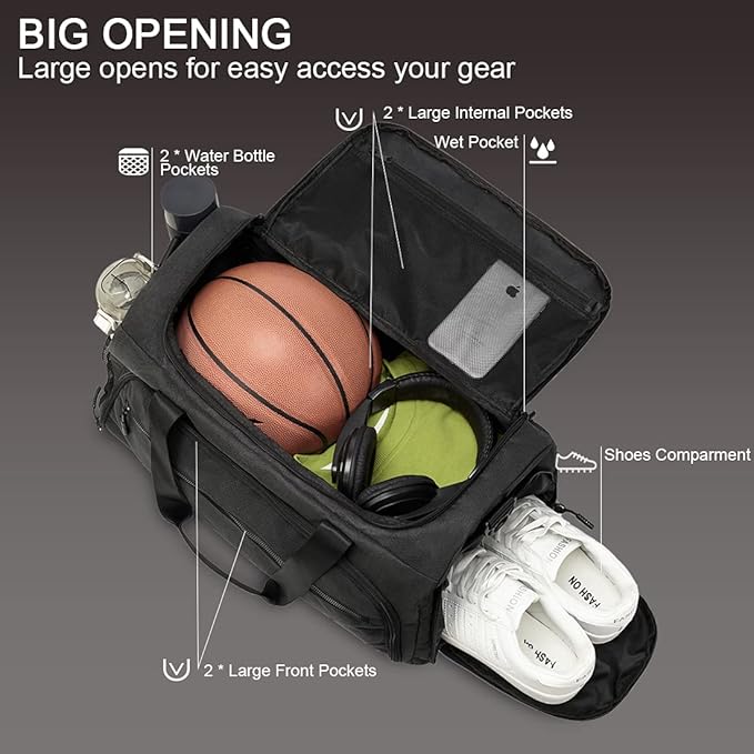 Gym Bag for Men Women, Sports Duffle Bags with Wet Pocket & Shoes Compartment, Water Resistant Overnight Duffel Bag