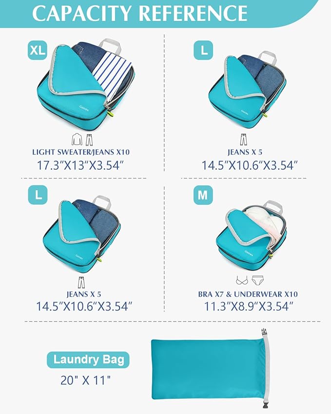 Gonex Compression Packing Cubes, 5pcs Expandable Storage Travel Luggage Bags Organizers with Laundry Bag (Blue)