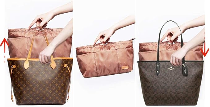 iN. Purse Organizer Insert with zipper, Nylon fabric Storage Bag with handles, for womens Handbags & Tote bags, neverfull, lightweight medium sized Brown