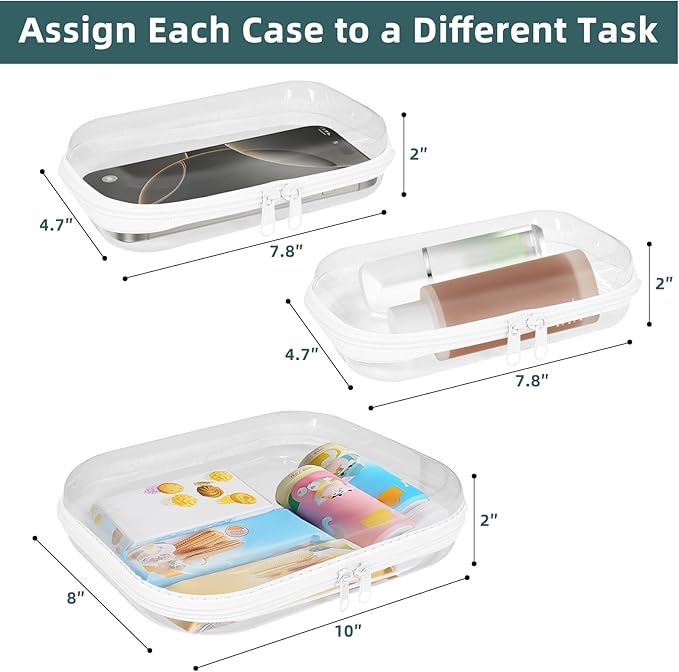 Clear Hard Shell Zipper Cases(3 Packs), Plastic Hard Sided Zippers Pouches Clear Hardshell Pencil Case For Storage, Diaper Bag Organizer Bliss Bins 2*Small/1*Medium