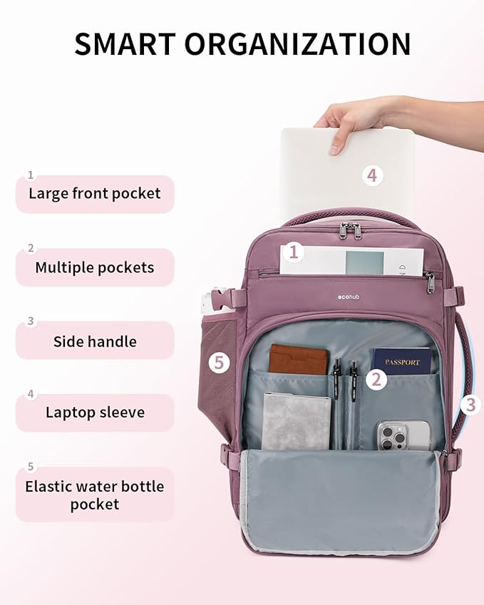 ECOHUB Travel Backpack for Women, 18x14x8 Spirit Airlines Personal Item Bag with Clear Toiletry Bag, Laptop Carry on Backpack with USB Port, Airline Approved Under Seat 14 Pockets 30L, Pink